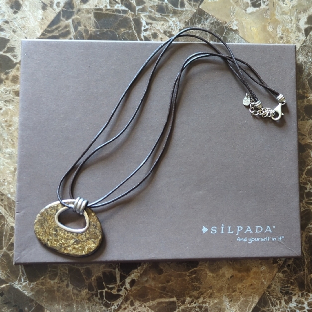 Silpada Textured Sliver And Brown Pendant with Black Cord